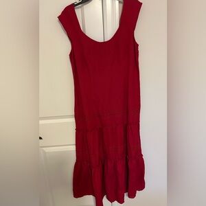 Vintage Linen Blend Maxi Dress M Red Sleeveless Tiered Ruffle Lace Trim